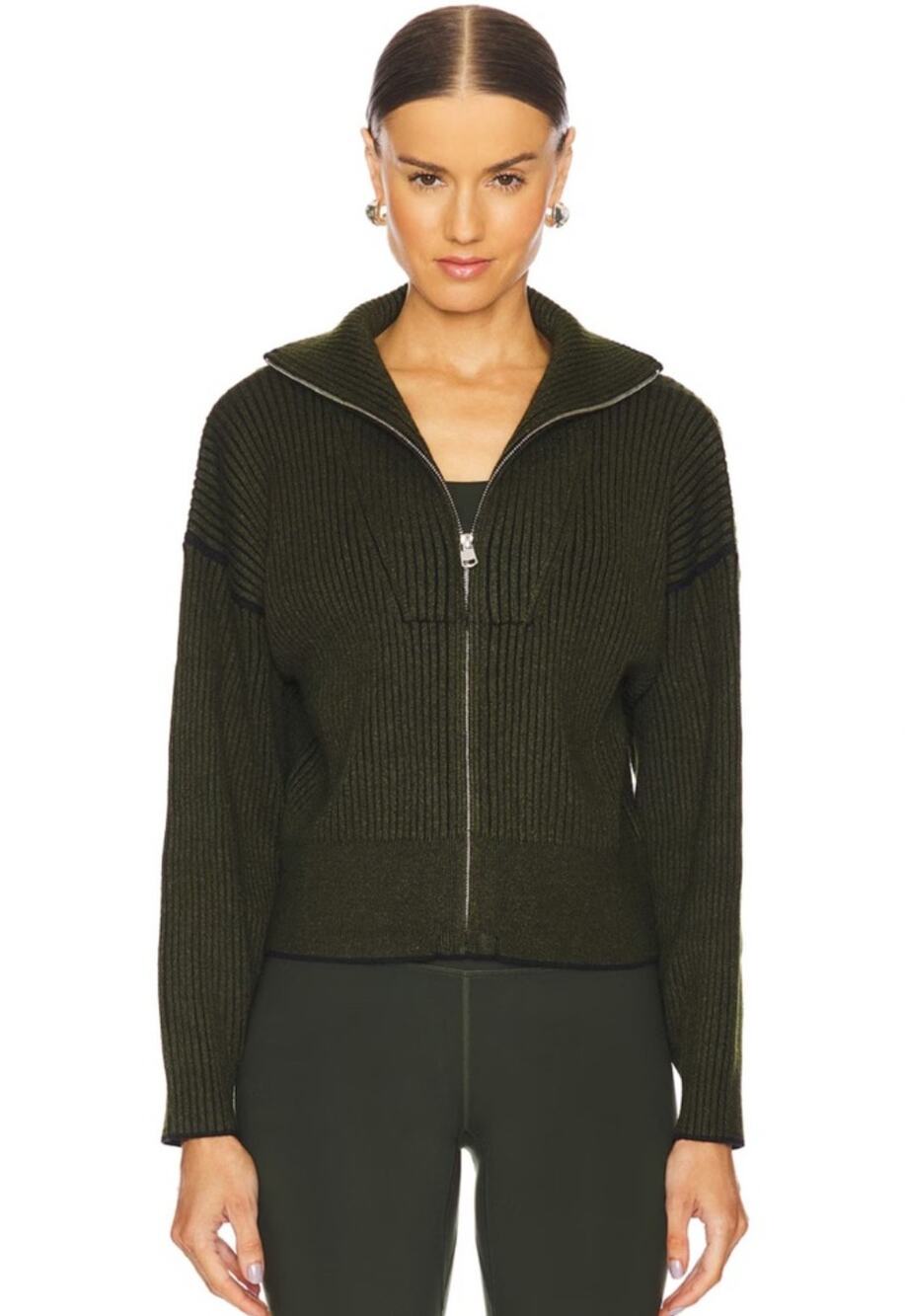 Varley Dark Green Carmen Rib Knit Zip Through Sweater Women's Medium